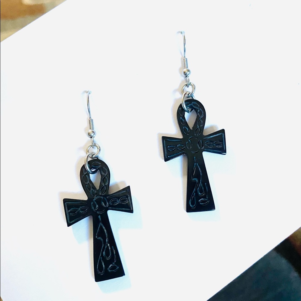 Egyptian Ankh Black Cross Horn Earrings